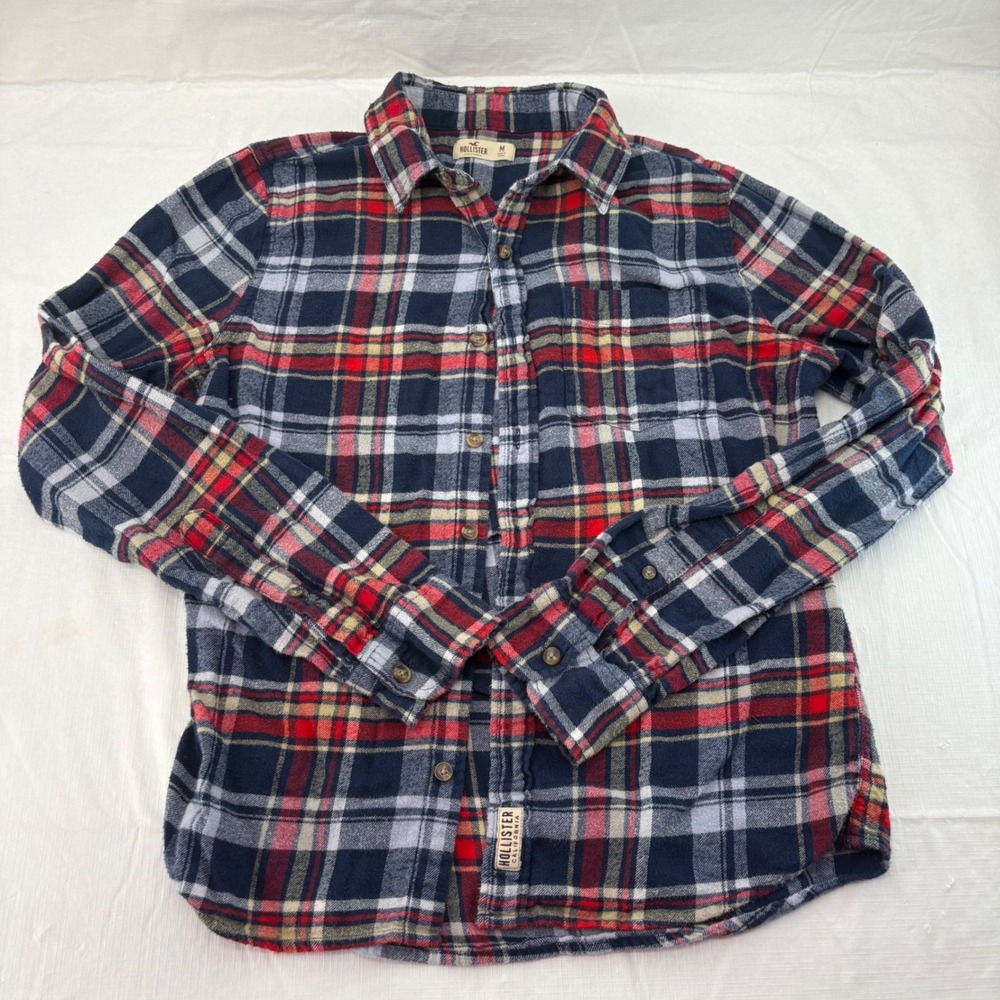 Hollister Mens Long Sleeve Plaid Flannel Button Down Shirt Navy Red White M
